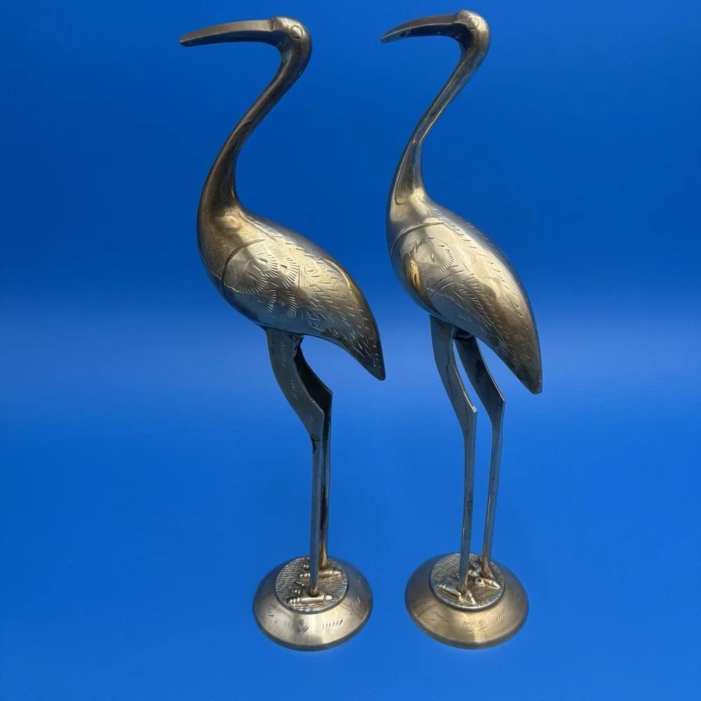 2 Lrg Brass Crane Egret Heron BIRDS Figurines on Pedestal 13